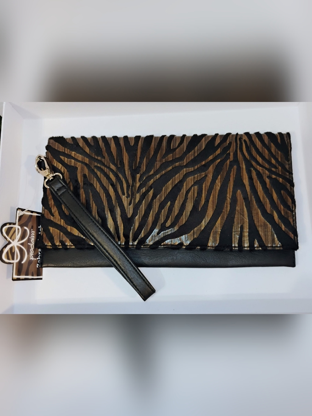 NWT Wristlet Clutch w/ Black & Gold Zebra Print